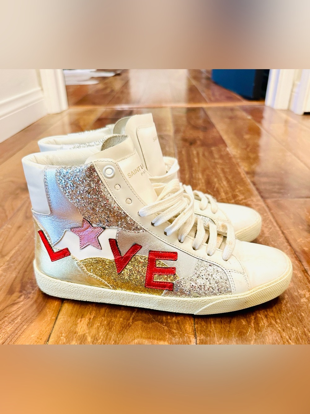 Saint Laurent White Glitter Multicolor 'LOVE' High-Top Sneakers